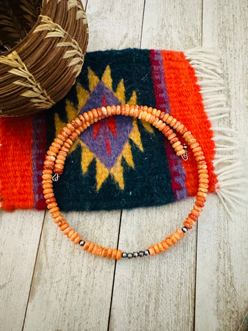 Navajo Orange Spiny & Sterling Silver Beaded Wrap Choker Necklace