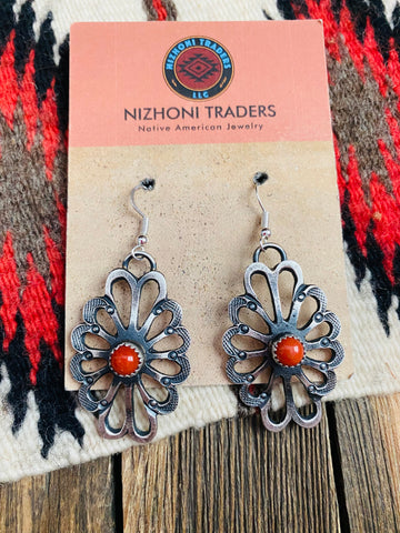 Navajo Coral & Sterling Silver Flower Dangle Earrings By Kevin Billah