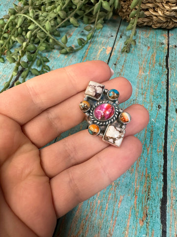 Beautiful Handmade Pink Dream Mojave, Wild Horse, Spice And Sterling Silver Adjustable Cluster Ring