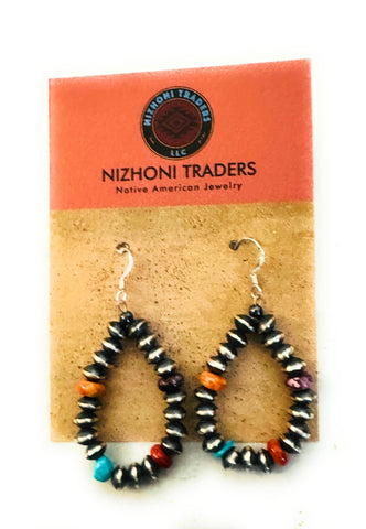 Navajo Multi Stone & Sterling Silver Beaded Hoop Earrings