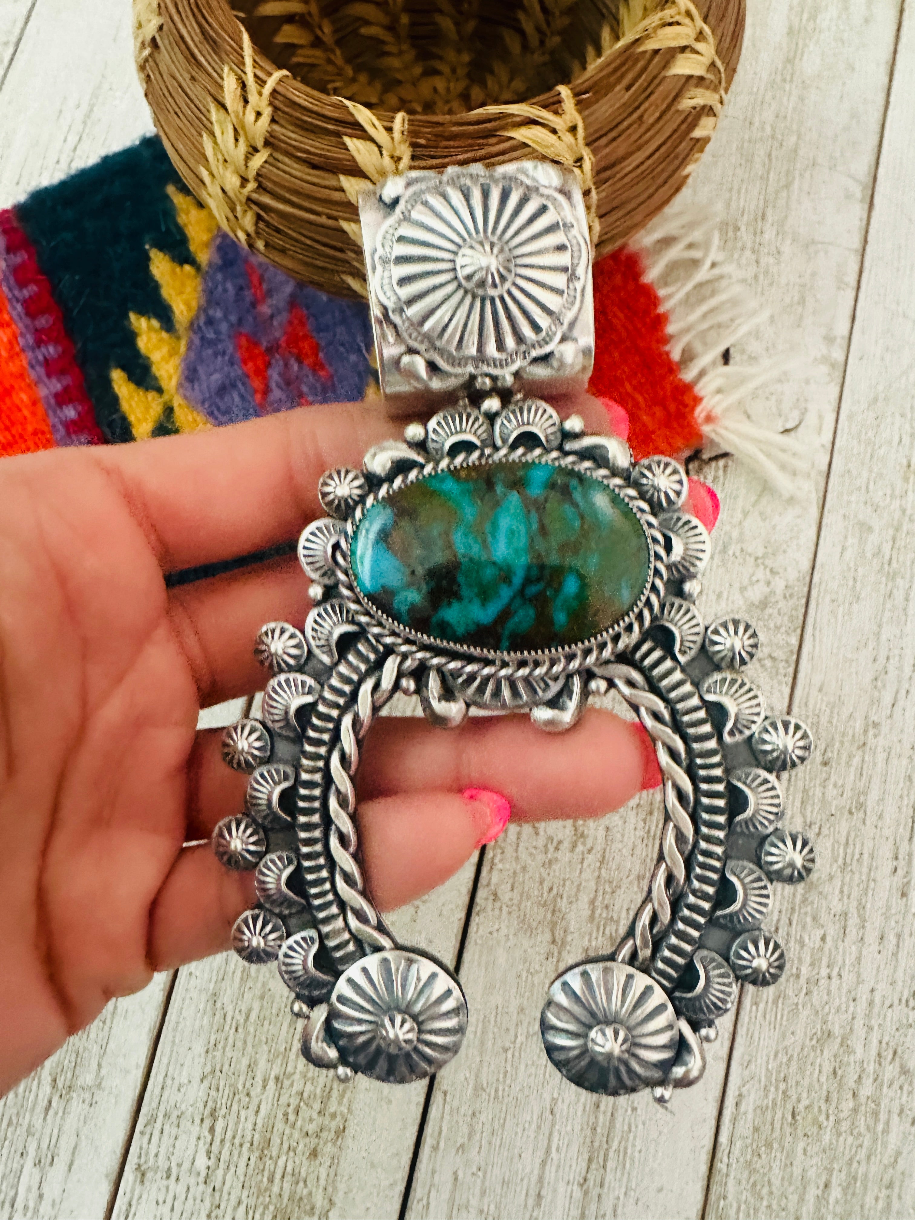 Navajo Kingman Turquoise Mountain & Sterling Silver Naja Pendant