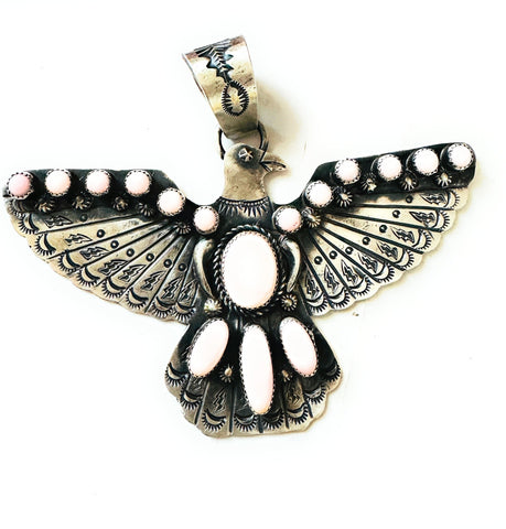 Navajo Queen Pink Conch & Sterling Silver Thunderbird Pendant by Richard Yazzie