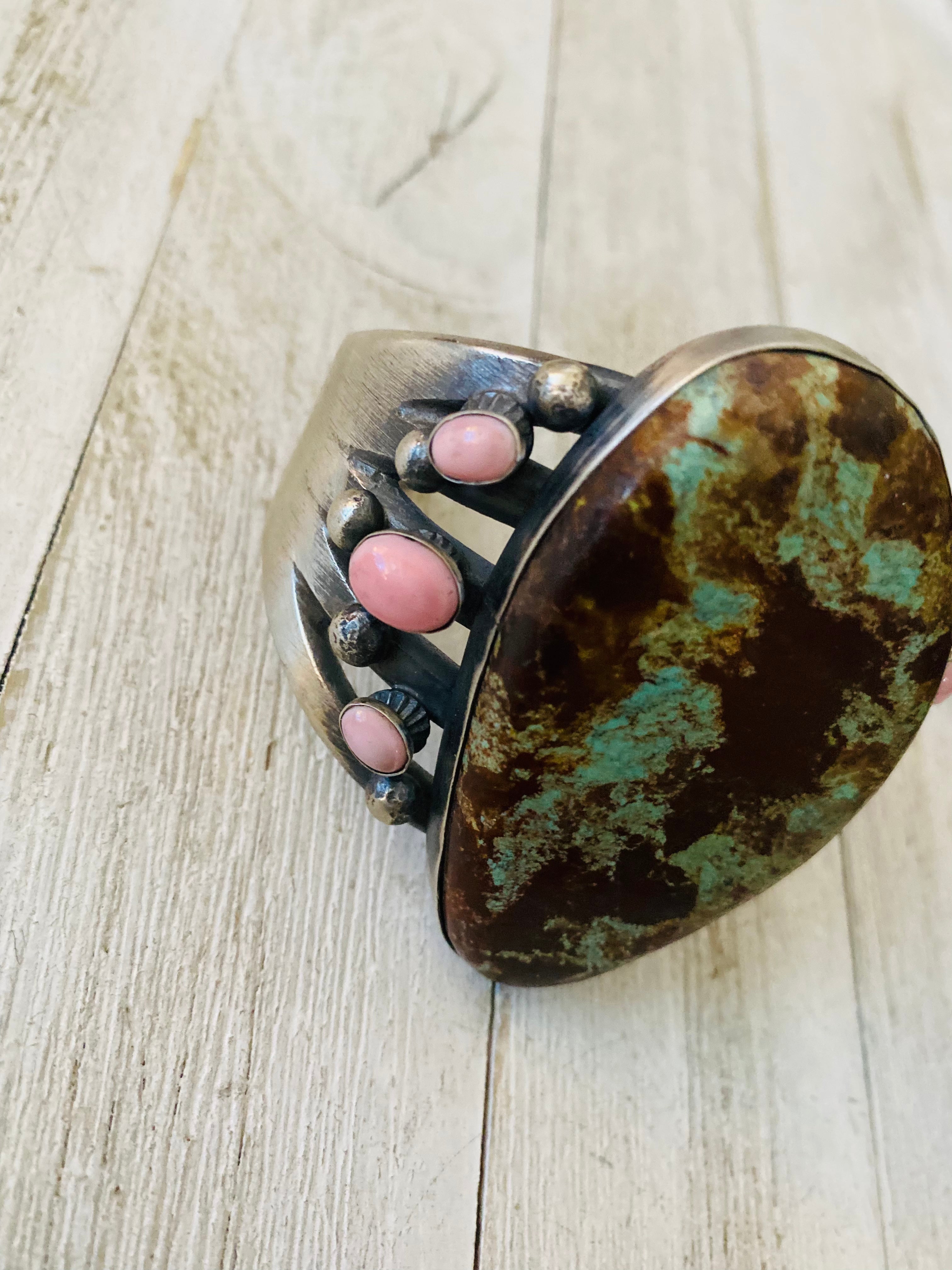 Navajo Turquoise, Queen Pink Conch Shell & Sterling Silver Cuff Bracelet By Chimney Butte