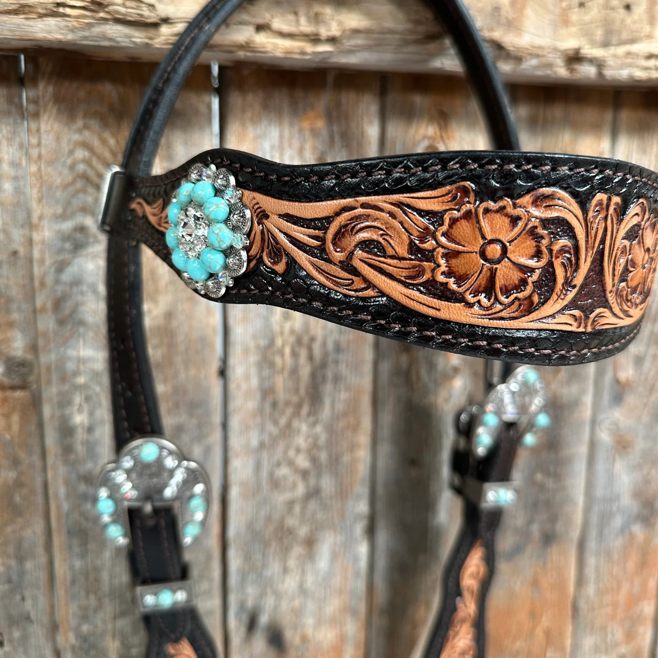 Two Tone Floral Tripping Turquoise & Clear One Ear / Browband Breastcollar Tack Set