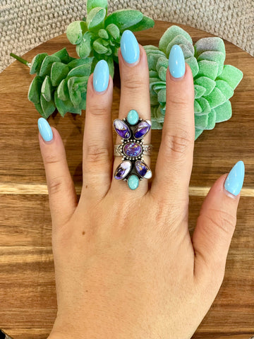 Beautiful Handmade Turquoise, Violet Frost And Sterling Silver Adjustable Ring