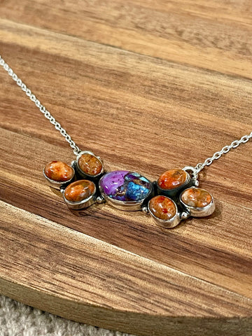 Handmade Sterling Silver, Purple Mojave & Orange Mojave Bar Necklace