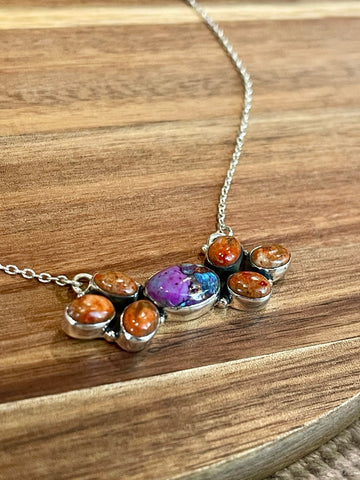 Handmade Sterling Silver, Purple Mojave & Orange Mojave Bar Necklace