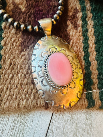 Navajo Queen Pink Conch Shell & Sterling Silver Concho Pendant