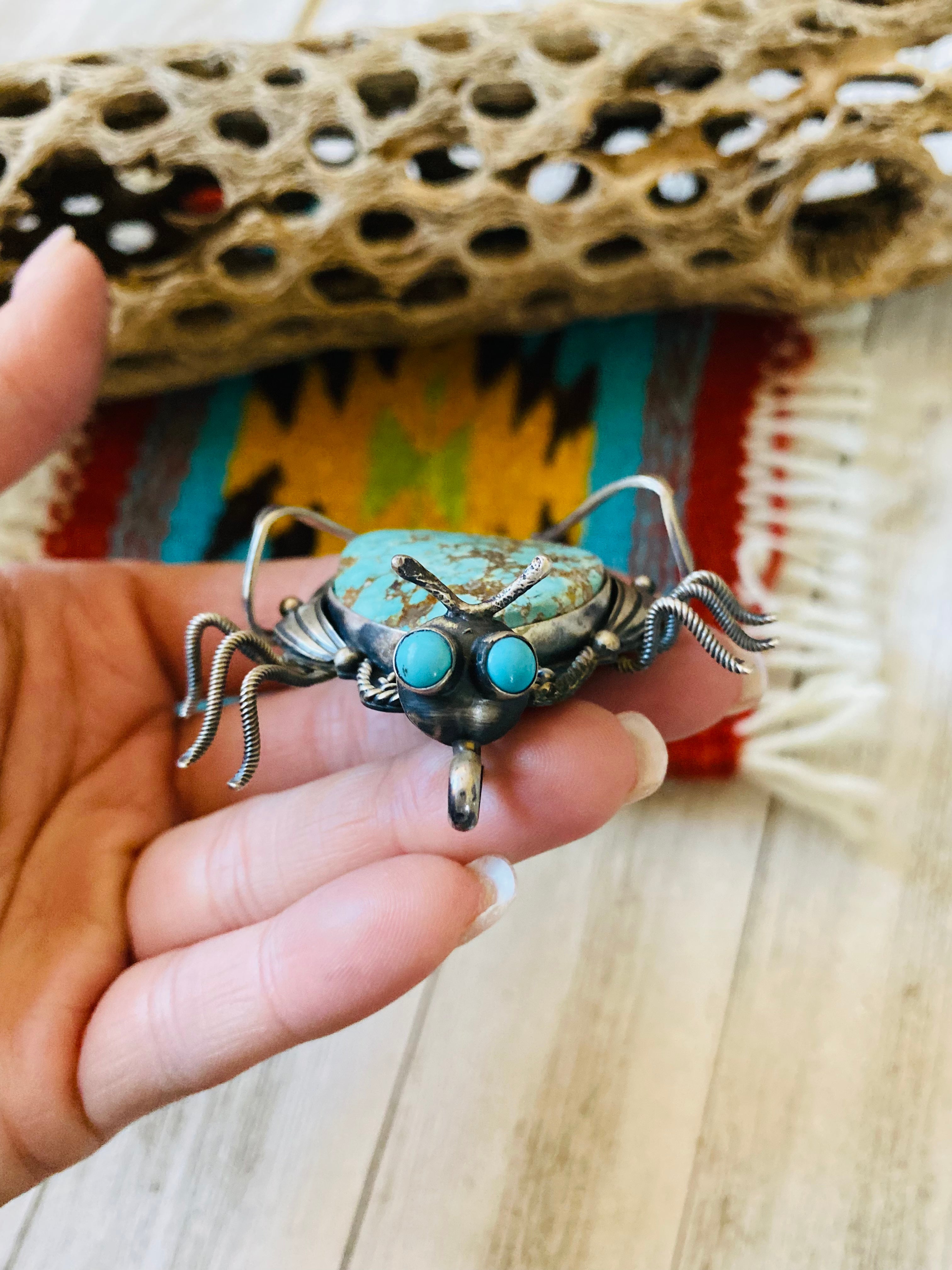 Navajo Sterling Silver & Number 8 Mountain Beetle Turquoise Pendant