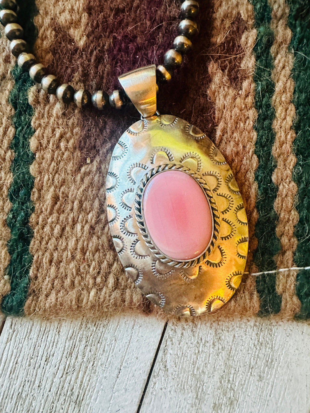 Navajo Queen Pink Conch Shell & Sterling Silver Concho Pendant