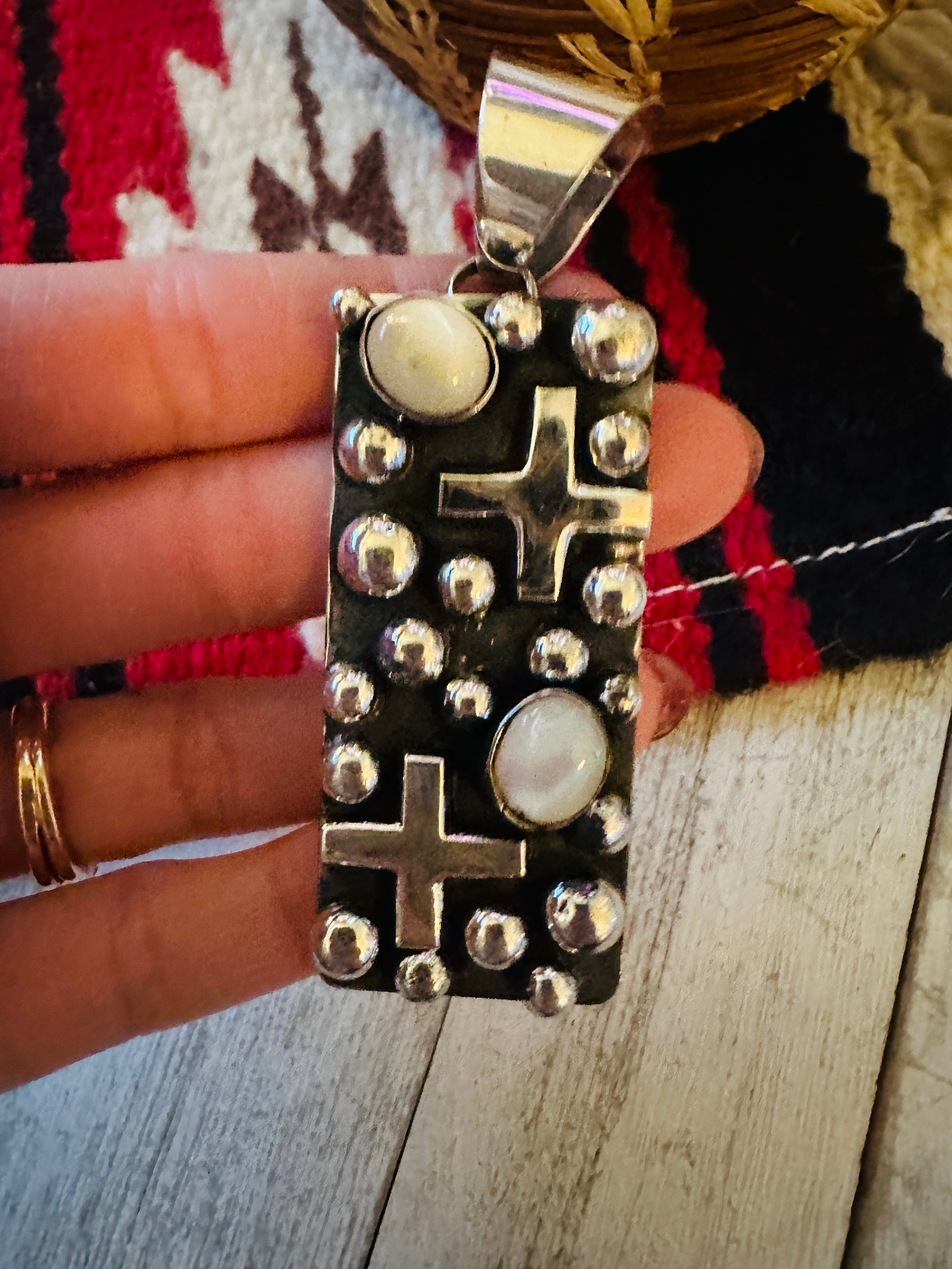 Navajo Sterling Silver & Mother of Pearl Cross Pendant by Chimney Butte