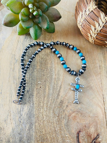 Sterling Silver Navajo Pearl & Turquoise Beaded Cross Necklace