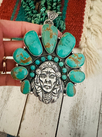 Stunning Navajo Sterling Silver & Turquoise Indian Chief Beaded Necklace