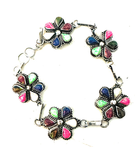 Zuni Multicolor Opal & Sterling Silver Flower Link Bracelet