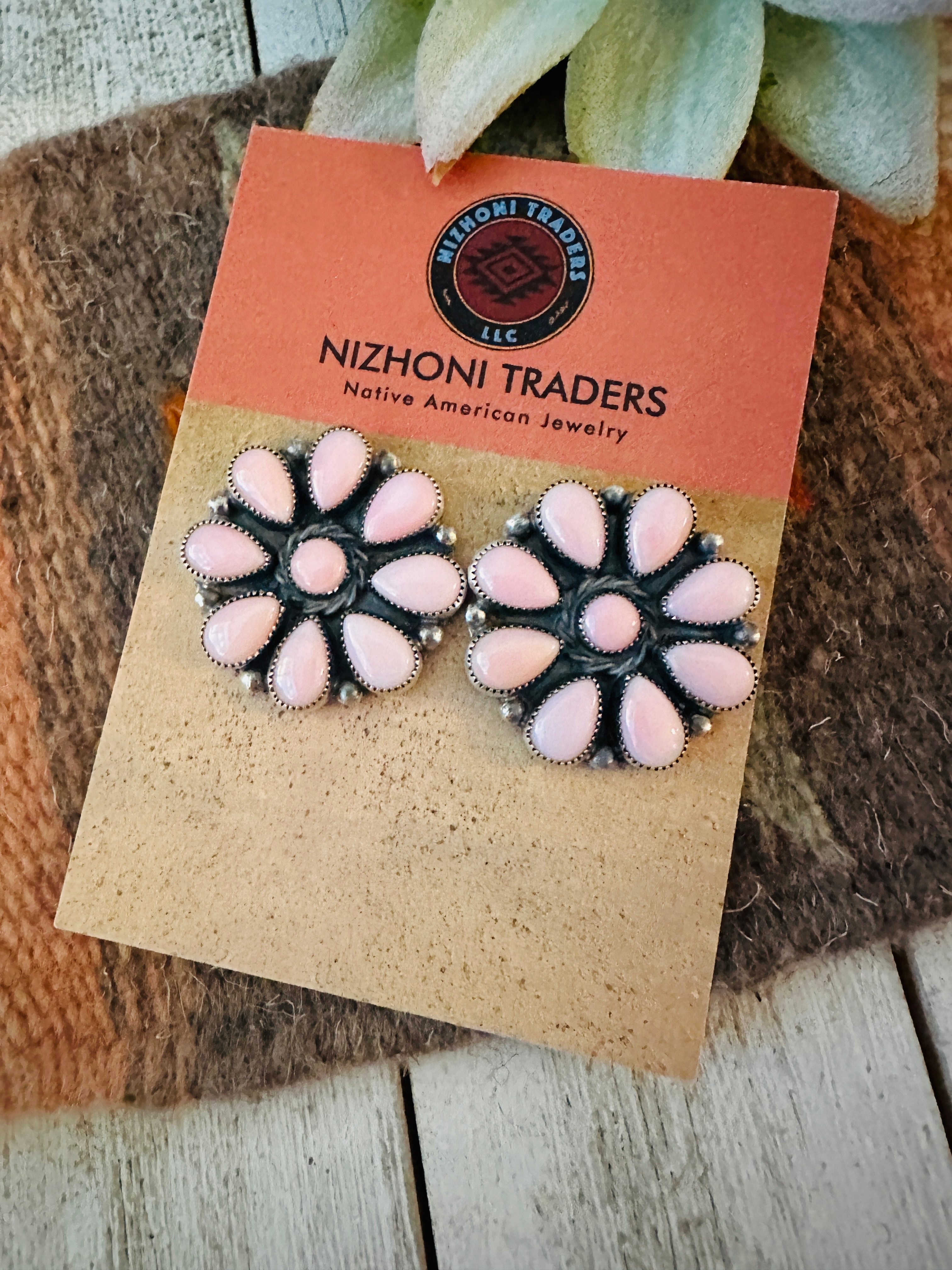 Navajo Queen Pink Conch & Sterling Silver Cluster Stud Earrings