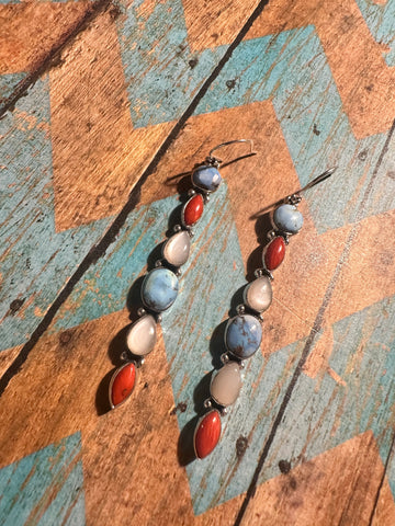 Handmade Golden Hills Turquoise, Mother of Pearl & Coral Dangle Earrings Signed Nizhoni