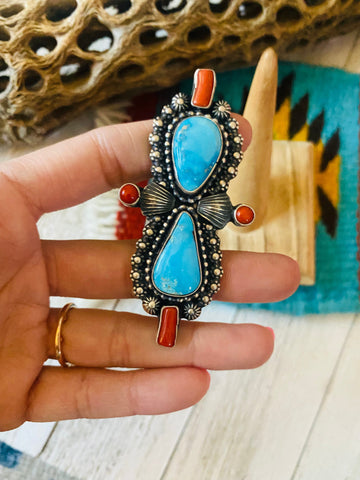 Navajo Sterling Kingman Turquoise & Red Coral Ring Size 9 By Shawn Cayatineto