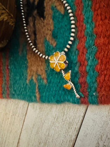 Zuni Yellow Opal & Sterling Silver Inlay Flower Pendant