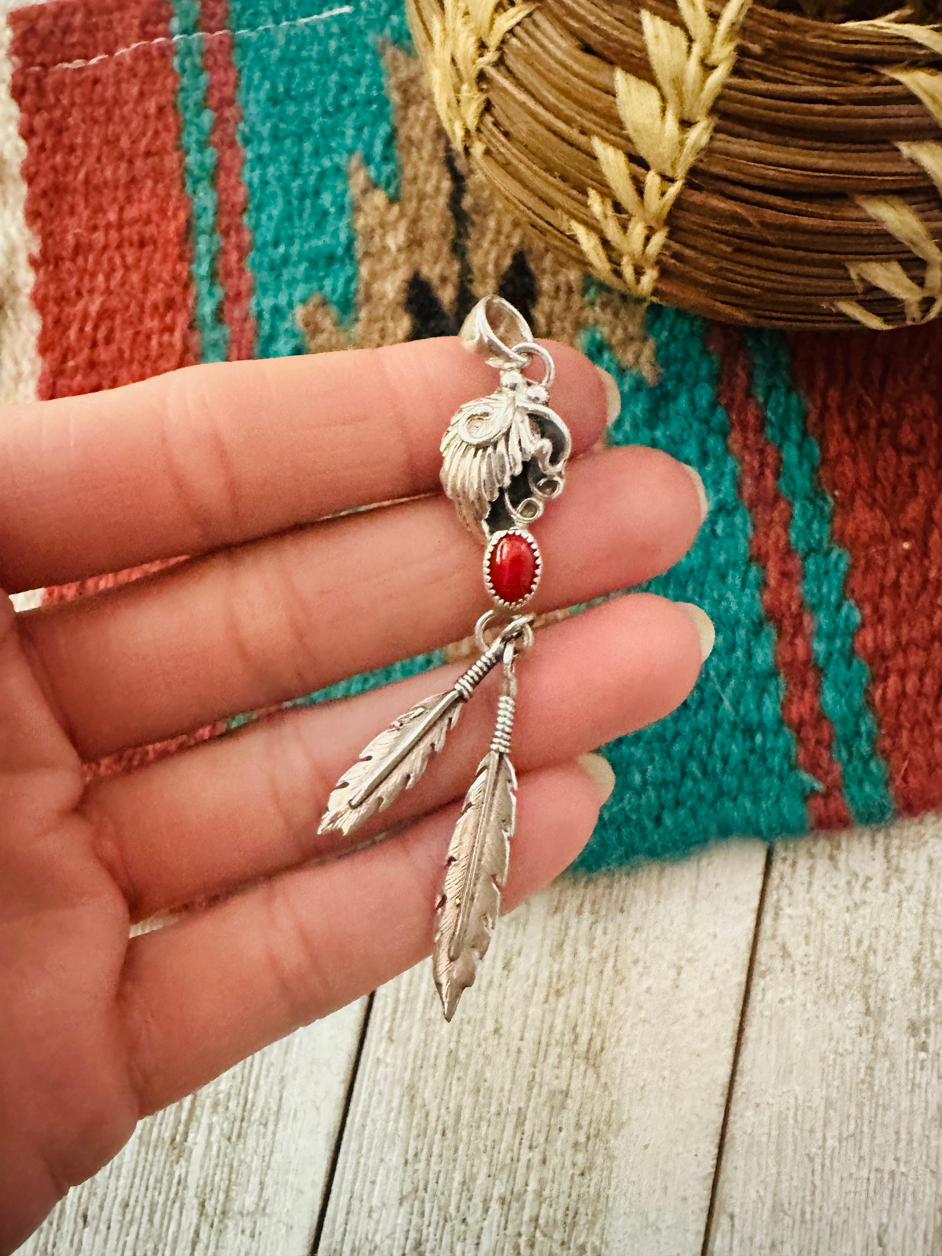 Navajo Coral & Sterling Silver Feather Pendant