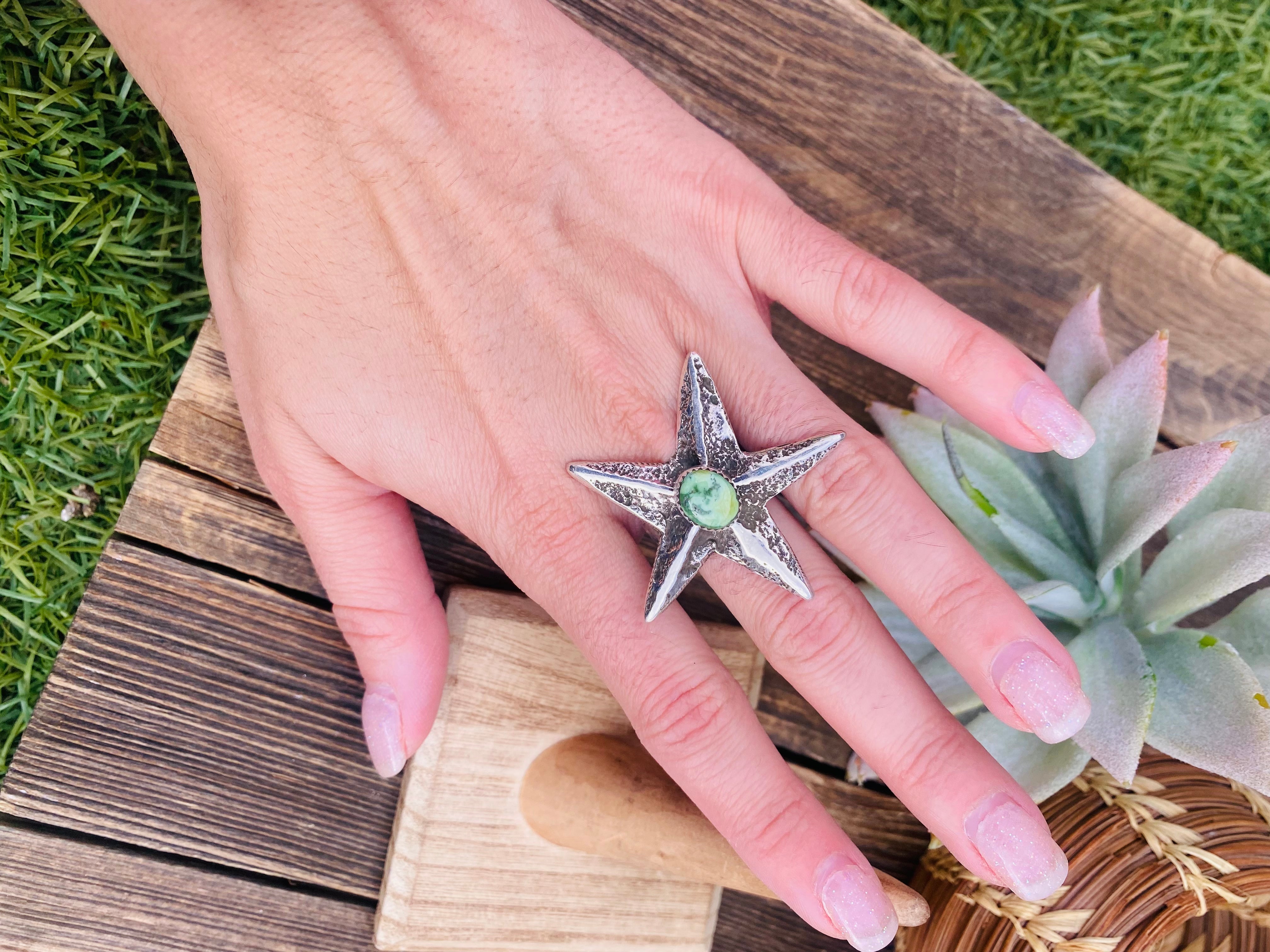 Navajo Turquoise & Sterling Silver Star Ring Size 8.5 Signed