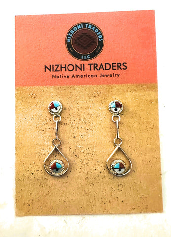 Zuni Sun Face Multi Stone & Sterling Silver Inlay Dangle Earrings