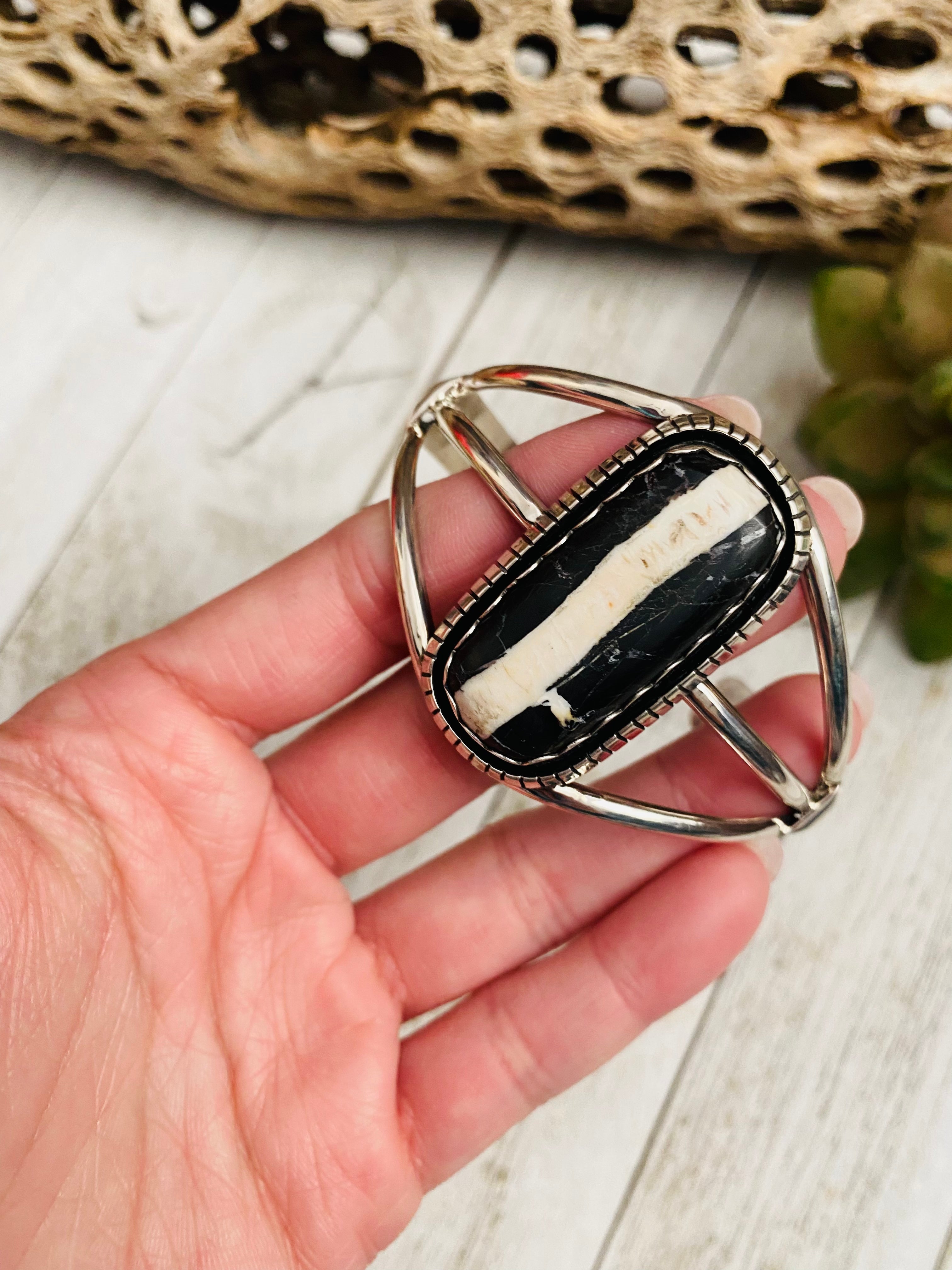 Navajo Sterling Silver & Zebra Jasper Cuff Bracelet Signed