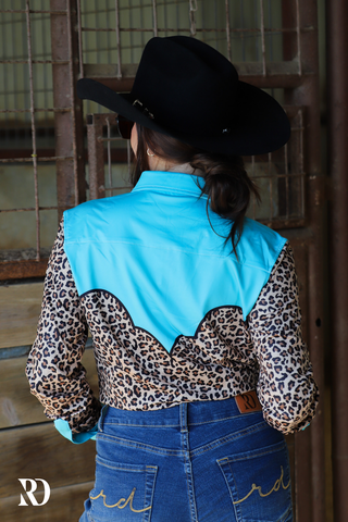 LEOPARD YOKE & TURQ PERFORMANCE RODEO SHIRT (ADULT)