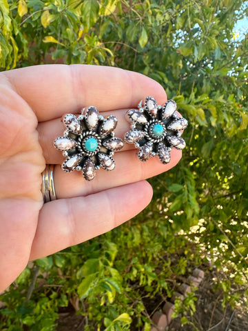 Handmade Sterling Silver, Wild Horse, Turquoise Post Cluster Earrings Signed Nizhoni