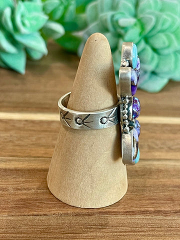 Beautiful Handmade Turquoise, Violet Frost And Sterling Silver Adjustable Ring