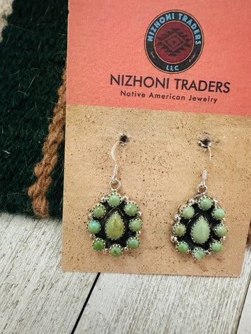 Navajo Sterling Silver & Green Turquoise Cluster Dangle Earrings