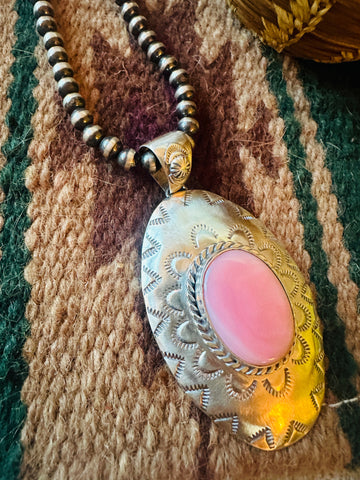 Navajo Queen Pink Conch Shell & Sterling Silver Concho Pendant