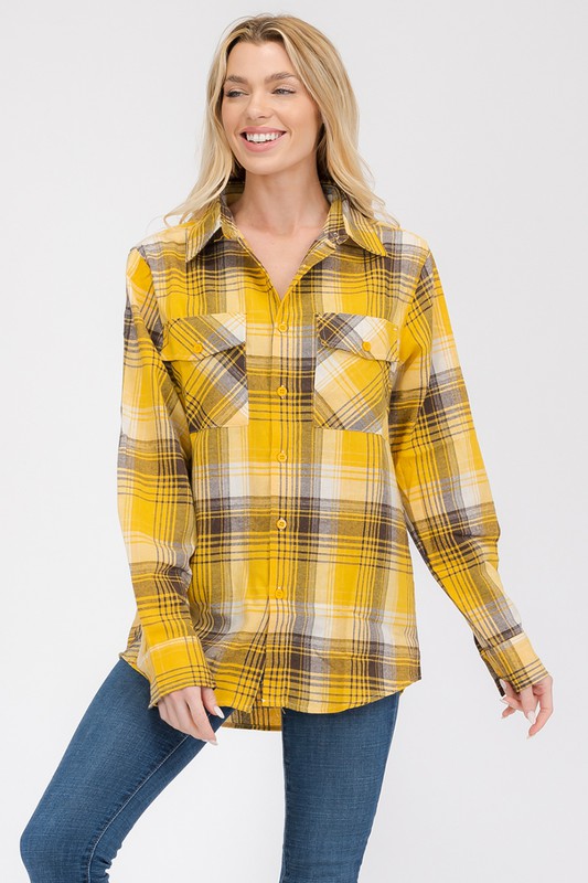 Womens Long Sleeve Checkered Boyfriend Flannel