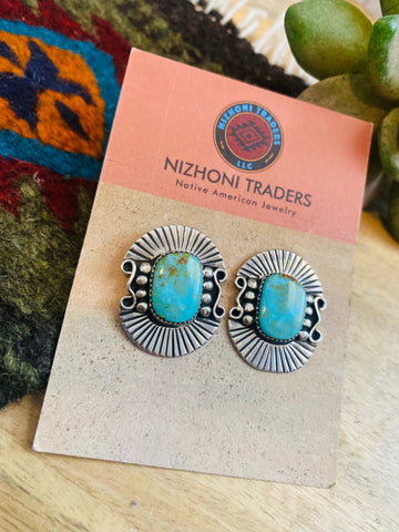 Navajo Sterling Silver & Royston Turquoise Post Earrings Signed