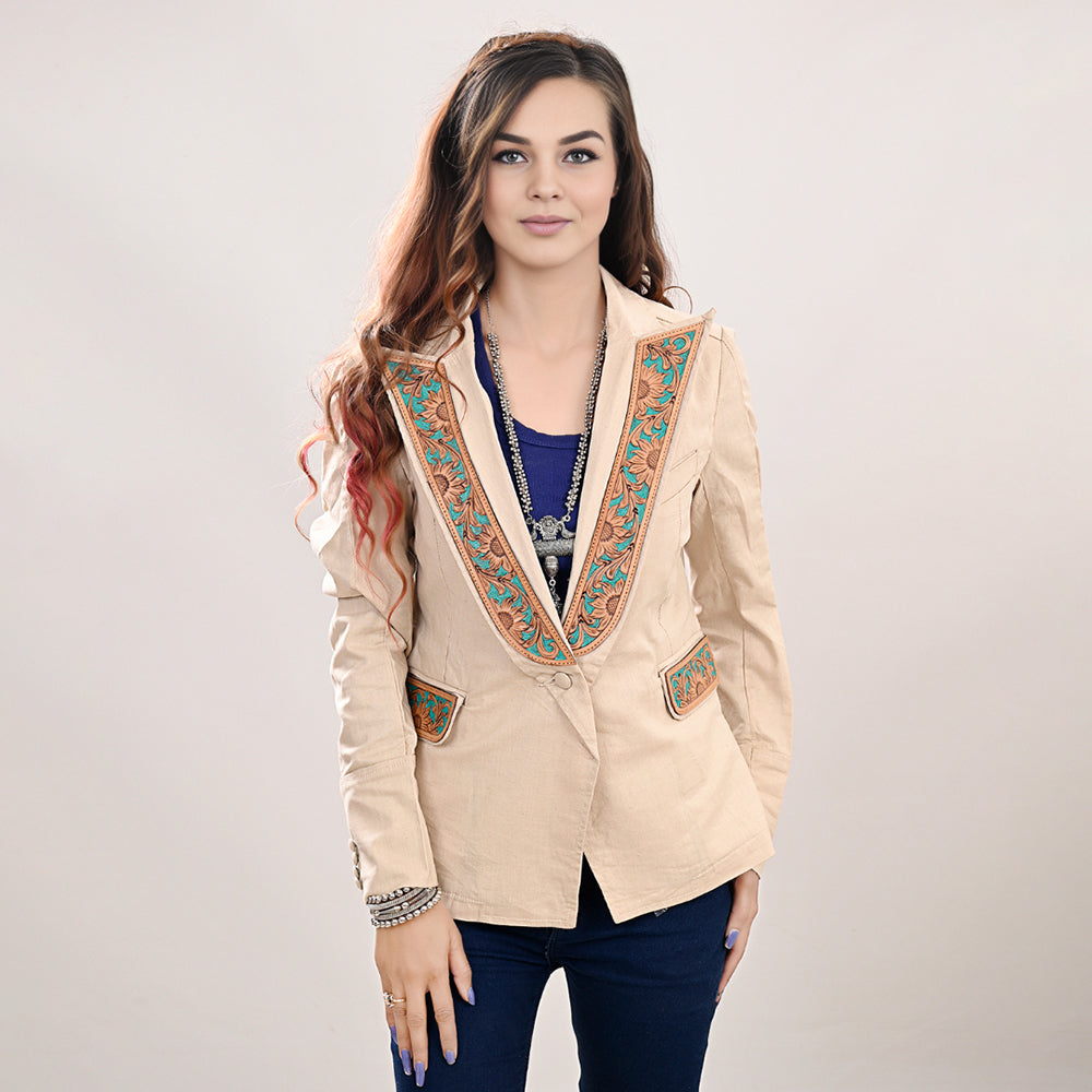 ADBZ038 Genuine leather Hand tooled hand carved Women Blazer dress jacket ladies Girl