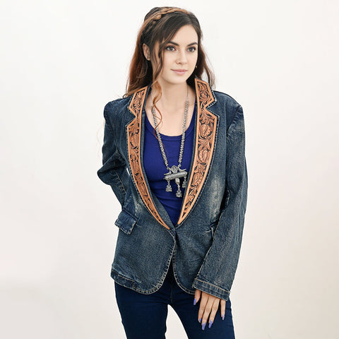 ADBZ043 Genuine leather Hand tooled hand carved Women 100% cotton Denim Blazer dress jacket ladies Girl