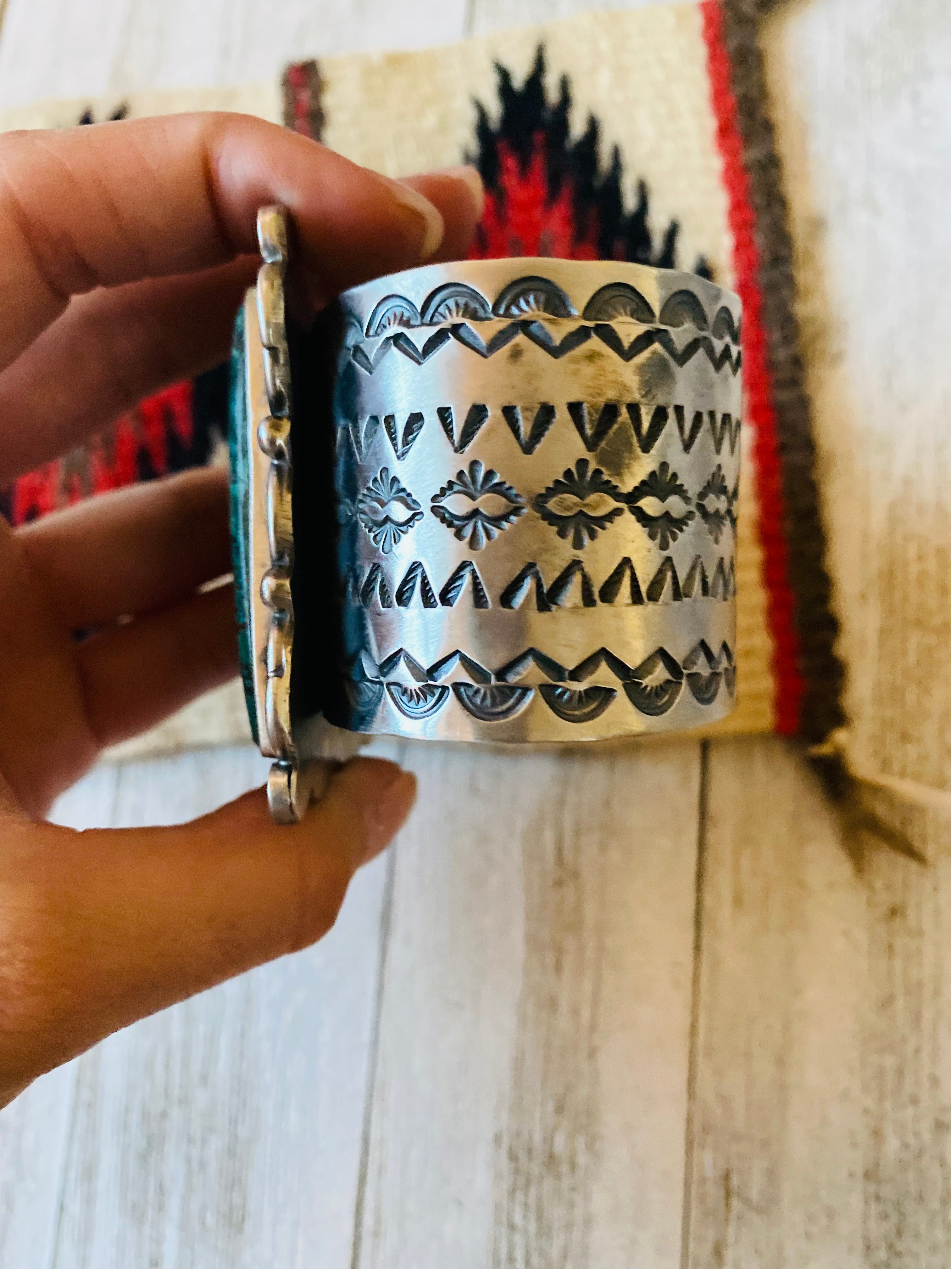 Navajo Tibetan Turquoise & Sterling Silver Cuff Bracelet Signed