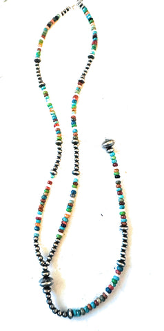 Navajo Sterling Silver & Multi Stone Beaded Lariat Necklace