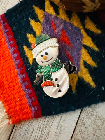 Zuni Multi Stone & Sterling Silver Inlay Snowman Brooch/ Pendant