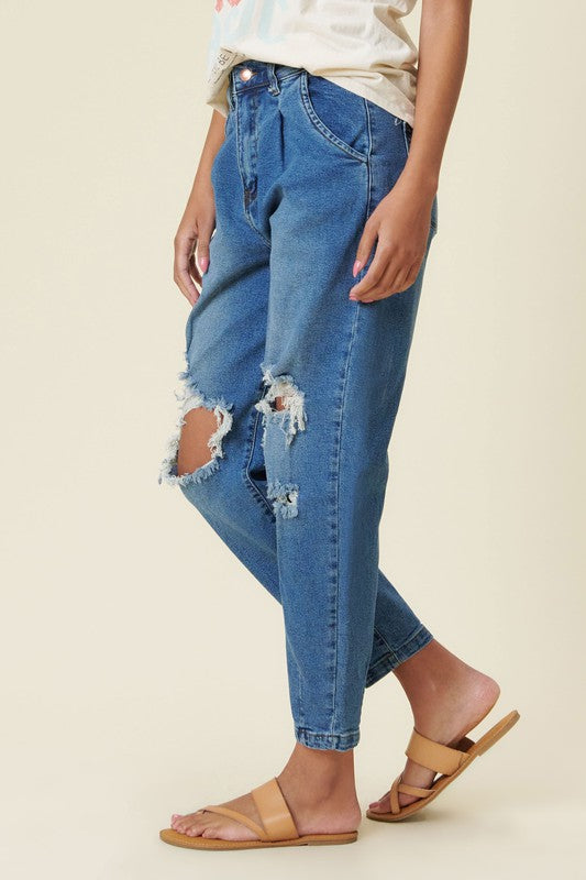 Medium Wash Distressed Slouchy Jeans for Women in Denim Fabric
