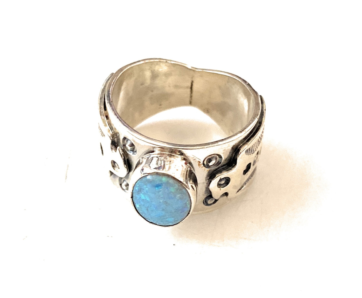 Navajo Thunderbird Sterling Silver & Blue Opal Ring Size 8