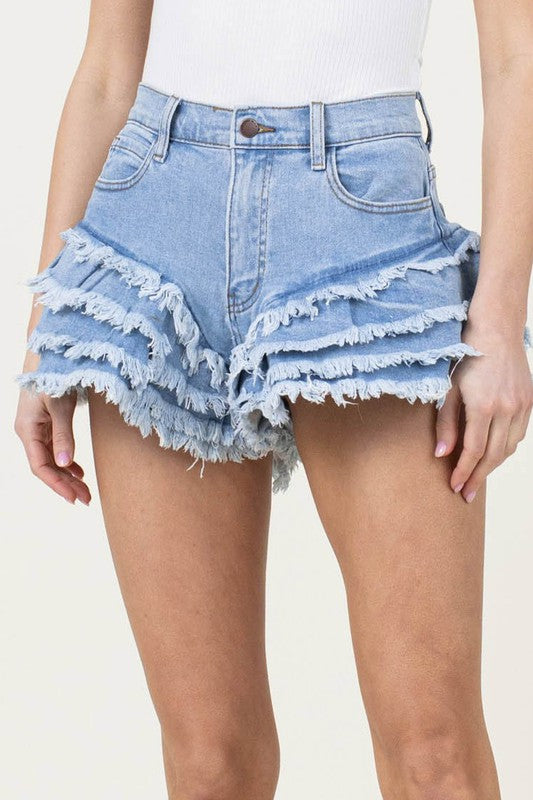 Light Denim Fringe Shorts for Women - Edgy Print, High-Waisted, 5 Pockets, Zip Fly - Summer Denim Shorts for Lady