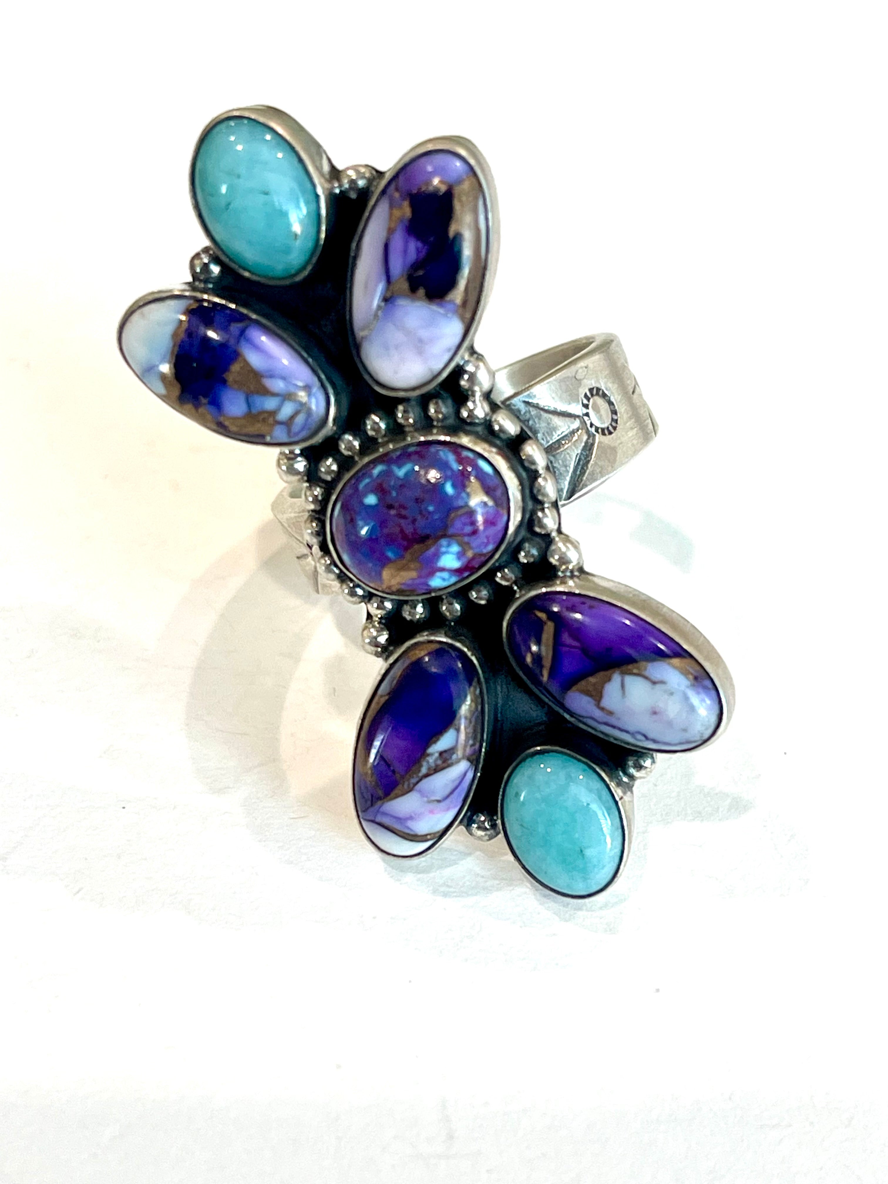 Beautiful Handmade Turquoise, Violet Frost And Sterling Silver Adjustable Ring