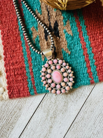 Navajo Queen Pink Conch Shell & Sterling Silver Cluster Pendant