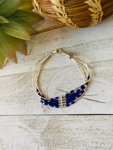 Navajo Lapis & Sterling Liquid Silver Beaded Bracelet