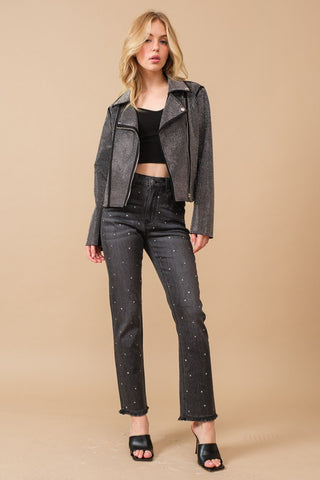 Crystal Studded Stretch Zip Up Moto Jacket