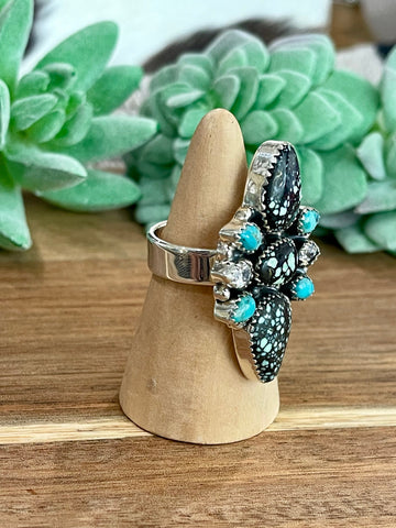 Beautiful Handmade New Lander Turquoise, Multi Stone And Sterling Silver Adjustable Ring