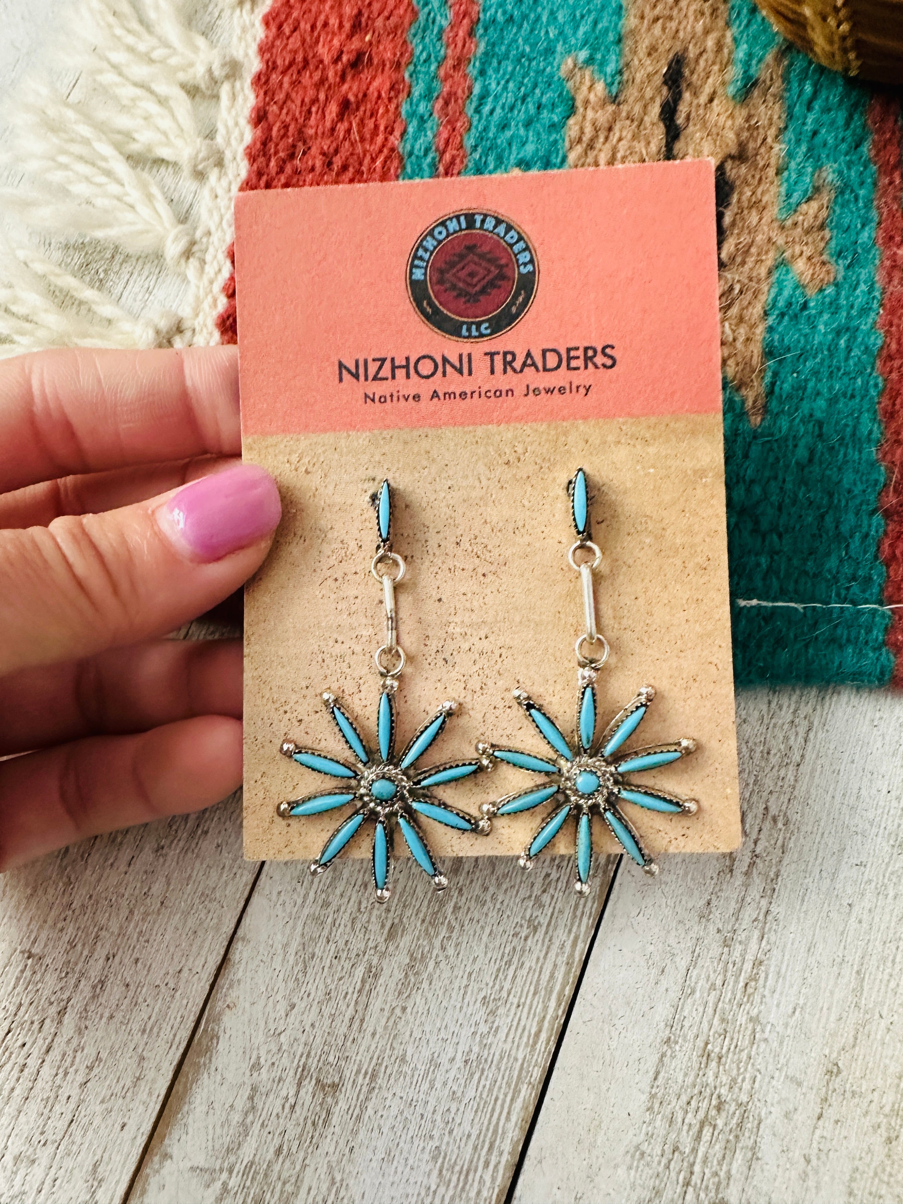 Zuni Turquoise & Sterling Silver Needlepoint Dangle Earrings