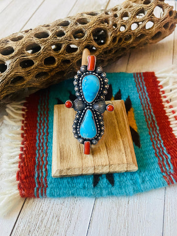 Navajo Sterling Kingman Turquoise & Red Coral Ring Size 9 By Shawn Cayatineto