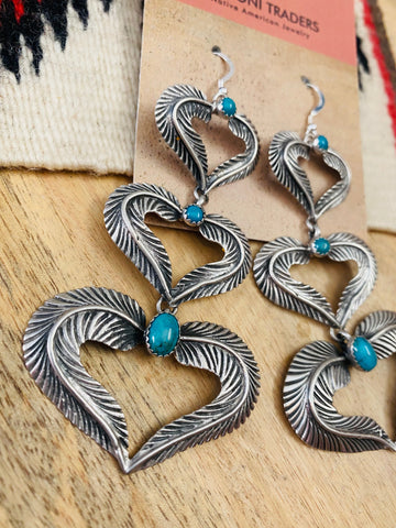 Navajo Turquoise & Sterling Silver Feather Heart Dangle Earrings