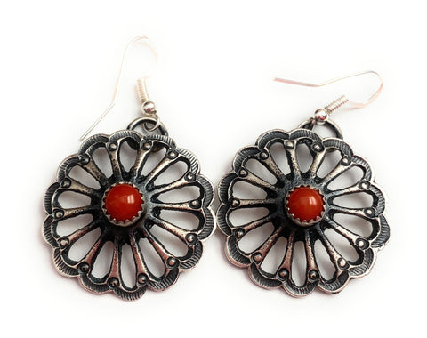 Navajo Coral & Sterling Silver Flower Dangle Earrings By Kevin Billah